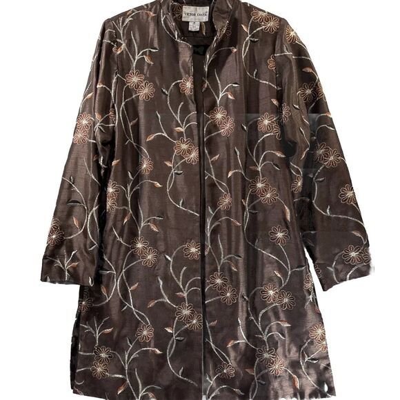 Victor Costa Jackets & Blazers - VTG Victor Costa Women Medium Duster Jacket Brown Embroidered Floral Lightweight